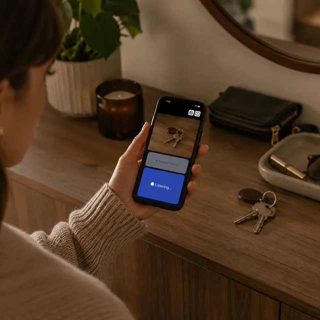 An iPhone running Speakaboo is held over the console as it identifies the keys and wallet.