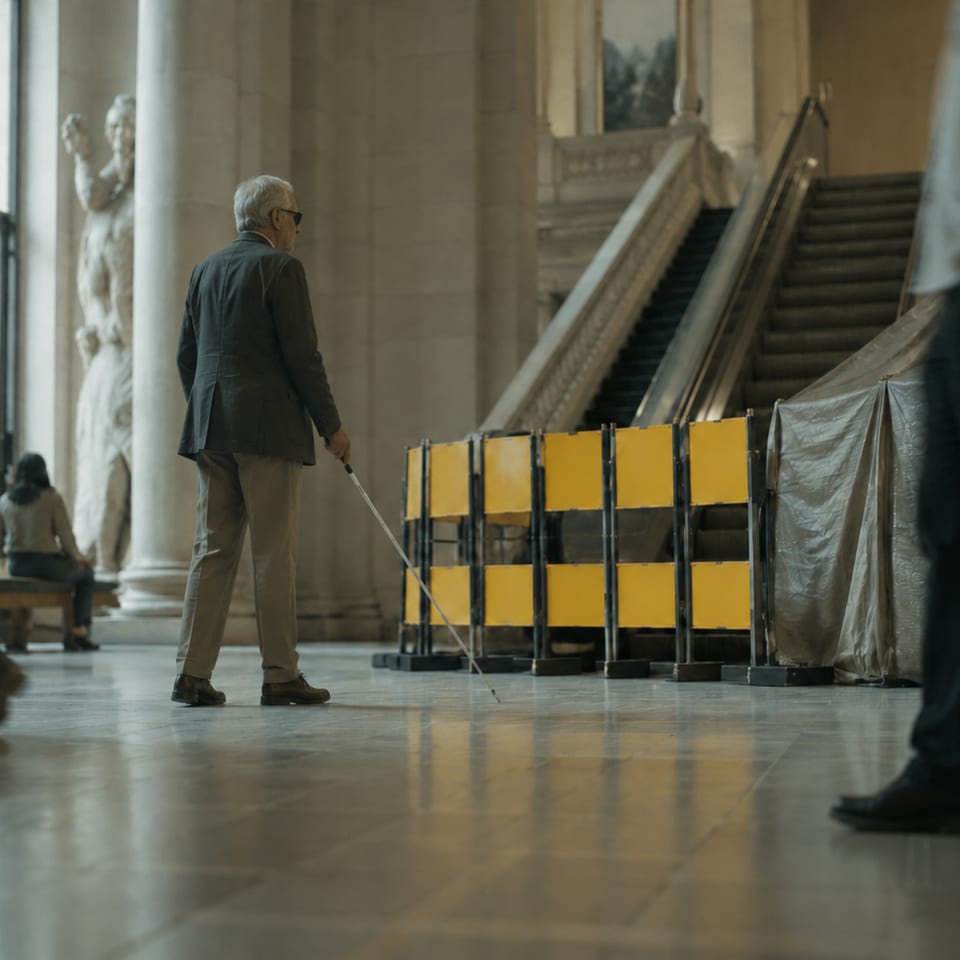A traveler with a white cane crosses a grand train station hall toward the escalators.