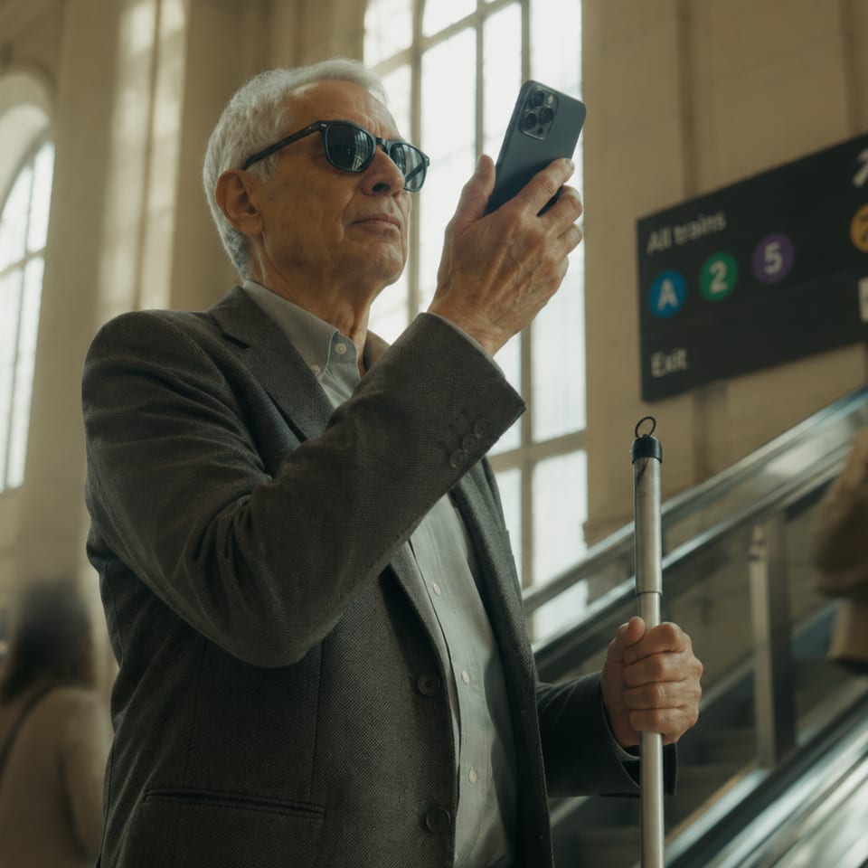 The traveler raises an iPhone with Speakaboo to read the departures sign above the platform.