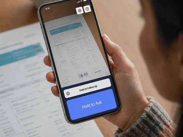 A person holds an iPhone running Speakaboo over a printed utility bill, the Hold to Ask button on screen.